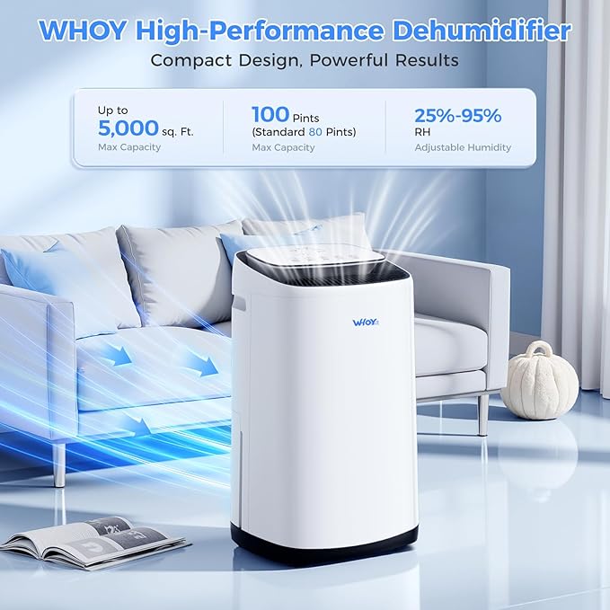 5000 Sq.Ft Dehumidifier for Basements 100 Pints, with 2.15 Gallons Water Tank with Darin House and App Control, Smart Compressor Quiet Operation Ideal for Living room, Bathrooms,Home
