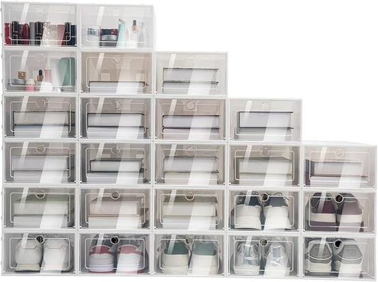 24 Pack Shoe Storage Boxes, Clear Plastic Stackable Shoe Organizer, Foldable Shoe Rack, Angel White | Space-Saving Home & Office Organizatio
