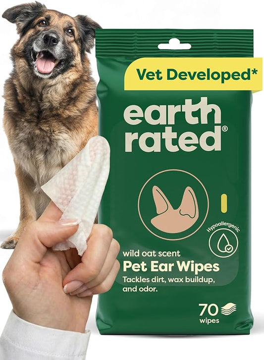 Earth Rated Vet-Developed Pet Ear Wipes, Hypoallergenic Cleaner for Dogs & Cats Ears to Remove Dirt and Wax Build Up, Wild Oat Scent, 70 Count