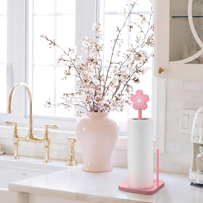 Leinuosen Pink Cherry Blossoms Paper Towel Holder Cute Bow Wooden Paper Towel Holder Pink Bathroom Countertop Accessories Kitchen Roll Stand Organizer Standing Apartment Decor Housewarming Gift