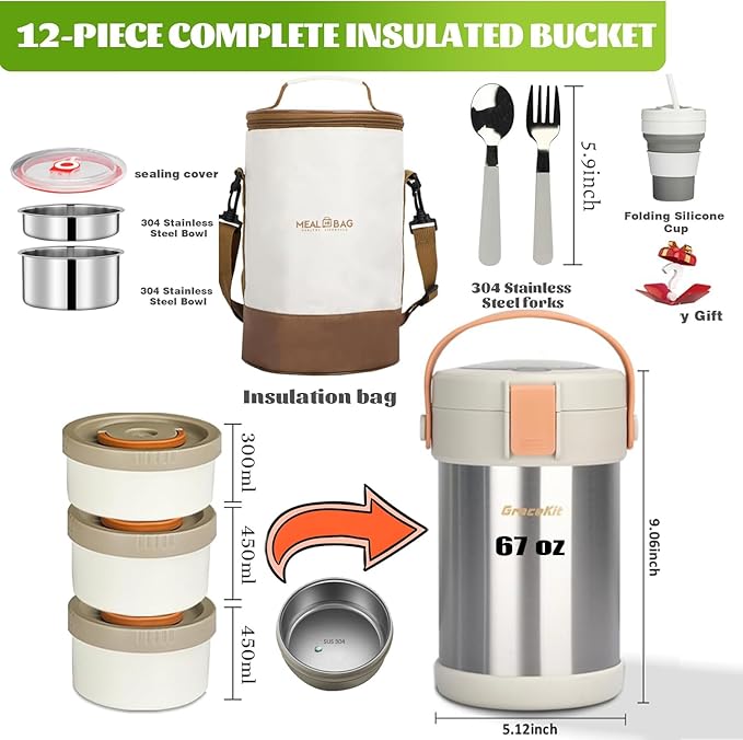 67oz Adults Thermo for Hot Food Kit 2L 9.06in 3 Layer Stainless Steel Vacuum Soup Food Thermo Hot Food Jar Bento Box for Men, Women, Suitable Insulated Lunch Box for 12+ Camping, Office & Travel Use