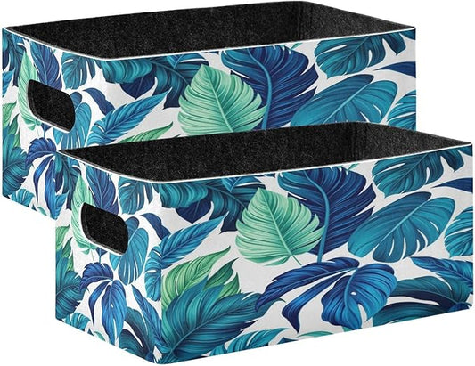 Kcldeci Turquoise Green Tropical Palm Leaves Storage Bins Baskets for Organizing 2Pack, Sturdy Storage Basket Foldable Storage Baskets for Shelves Closet Nursery Toy