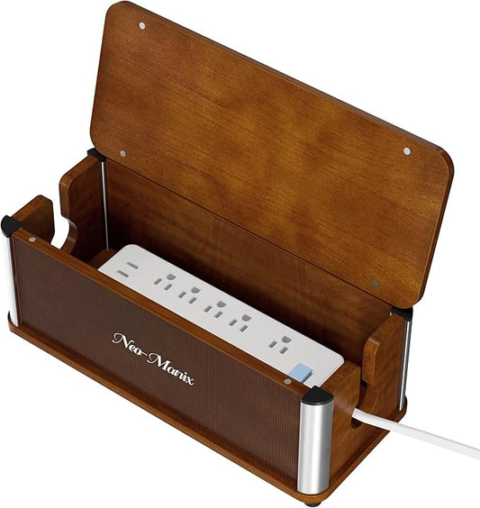 Delamu Wooden Cable Management Box, Retro-Inspired Look Desk Cord Organizer Box for Home Office, Large Cable Organizer Hides Cords and Power Strips, Power Strip Cover, 14.3" x 6.0" x 5.5", Dark