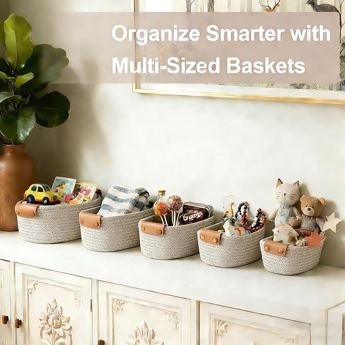 SVNR Brown Storage Baskets Set of 5, Woven Rope Shelf Bins for Organizing - Durable Cube Organizers for Closet, Nursery, Bedroom, Toy Storage with Handles, Modern Home Decor