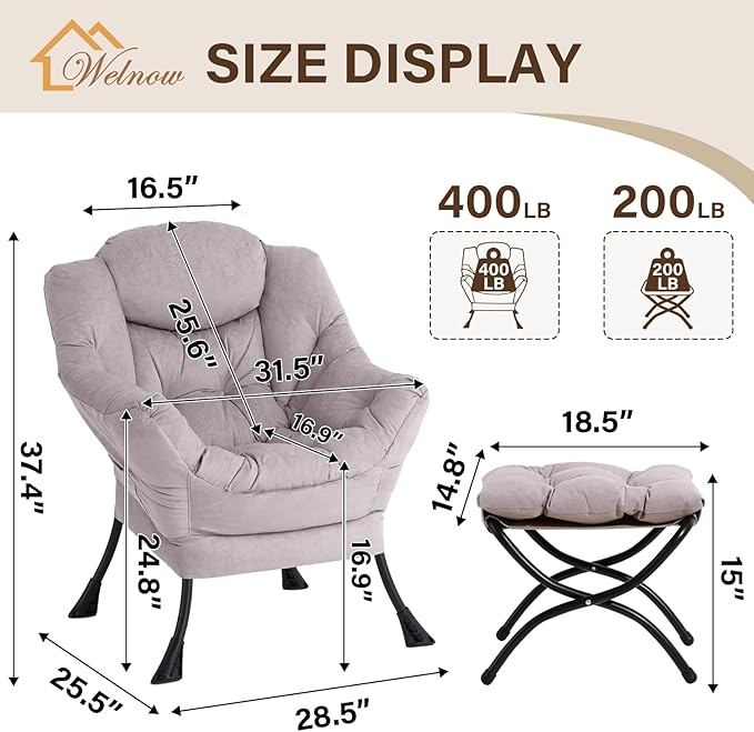 Welnow Lazy Chair with Ottoman, Modern Lounge Accent Chair with Armrests and a Side Pocket, Leisure Sofa Armchair, Reading Armchair with Footrest for Small Space, Light Grey