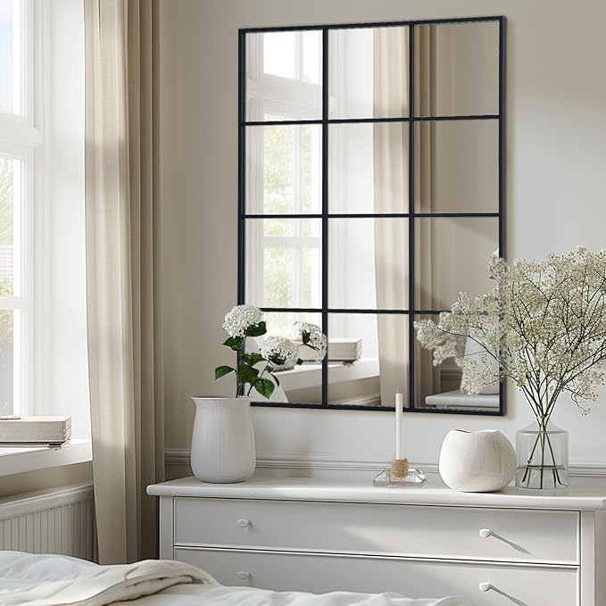 Windowpane Wall Mirror 30"x48" Black Wall Mounted Art Pane Mirror Farmhouse Decorative Mirror Leaning Hanging Wall Mirror for Bedroom Living Room Entrance Hallway Wall Decor