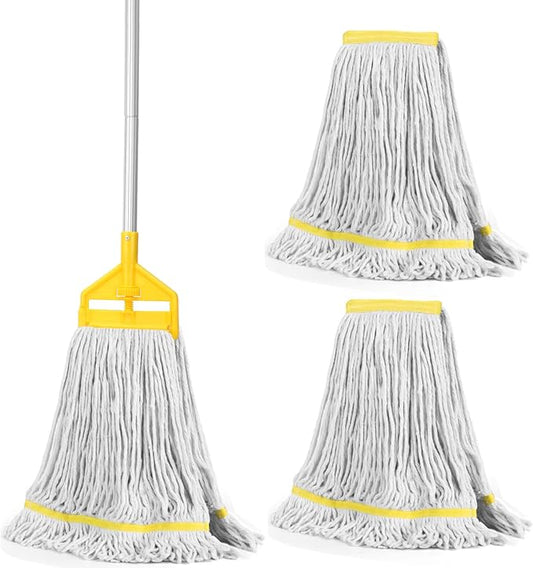 Commercial Industrial Mop Heavy Duty with 3 Replacement Head,Looped-End String Wet Mops with Long Handle for Floor Cleaning, Cotton Mop for Home Garage Office Workshop Warehouse Concrete Floor