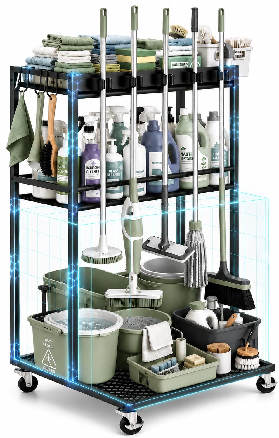 Cleaning Supplies Organizer Cart with Wheels, Broom and Mop - Image 1
