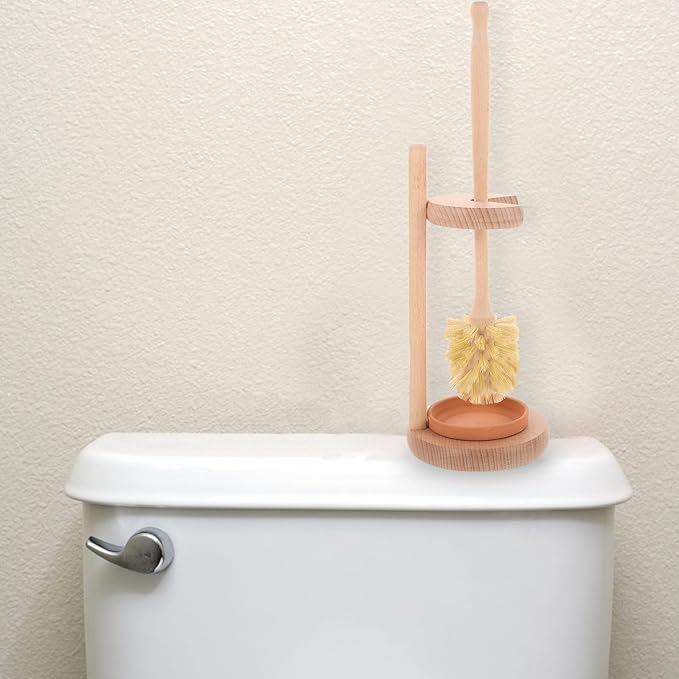 Ceramic Toilet Brush and Holder Set with Strong Bristles Sisal Fiber Handle Beech Wood Base for Household Bathroom Cleaning Sturdy Toilet Scrubber