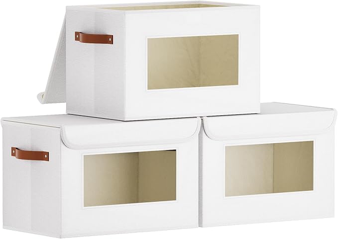 Storage Baskets with Lids, Storage Boxes with Handles for Shelves, Decorative Fabric Closet Organizers, White, 15 x 9.8 x 9.8 Inch, 3-Pack