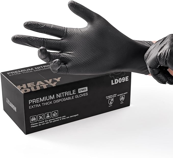LANON 8 Mil Heavy Duty Black Nitrile Gloves, Food Safe, Latex Free, Mechanic, Fully-Diamond Textured Grip Industrial Disposable Gloves, X-Large