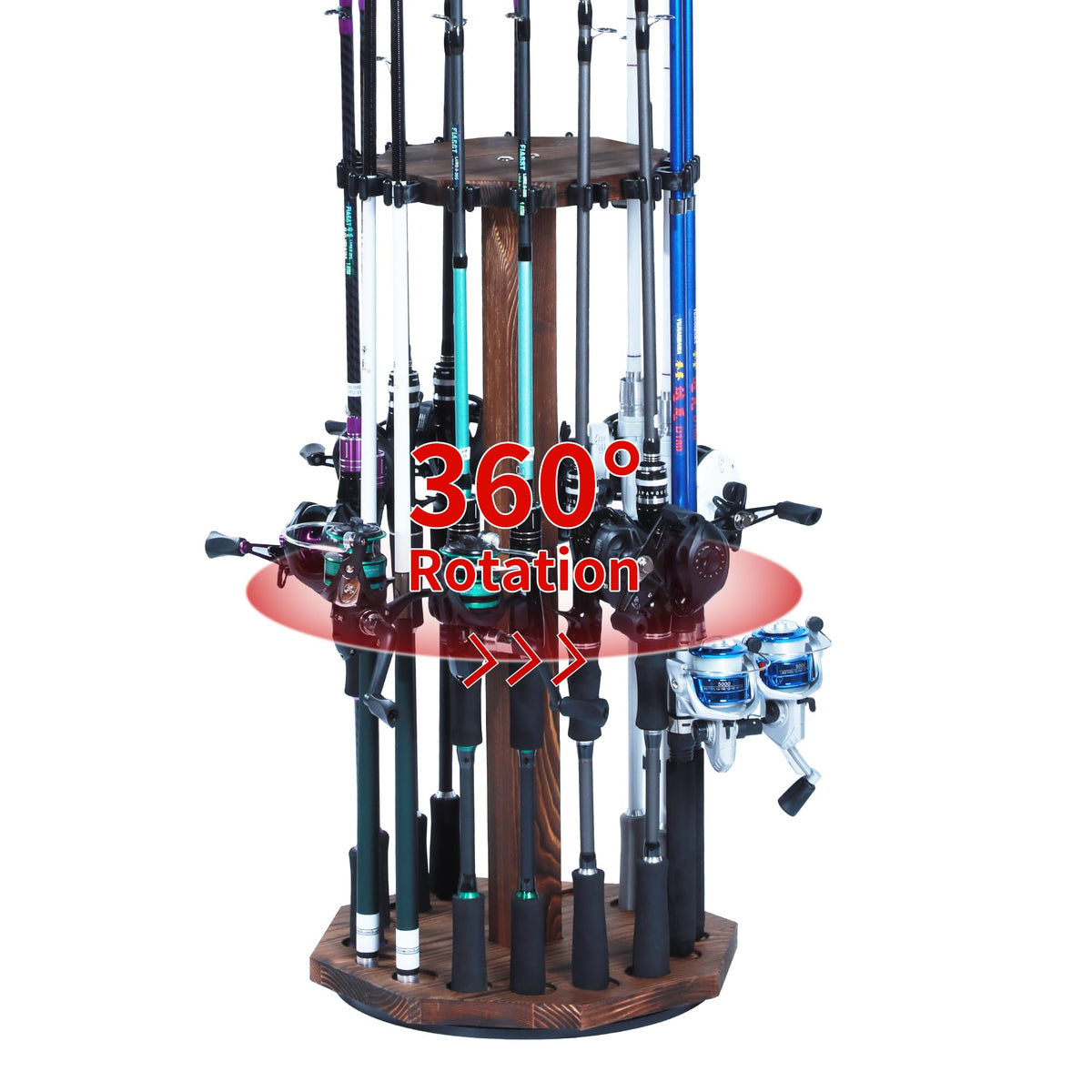 360° Rotating Natural Wood Fishing Rod Holder, Round - Image 1