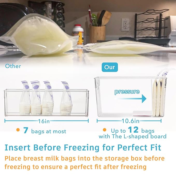 Breastmilk Storage Container with L Shaped Separator Boards, Dividers Will Flatten Standing Breast Milk Bags in Organizer Bins Save Refrigerator Space | 2 Containers-Gray