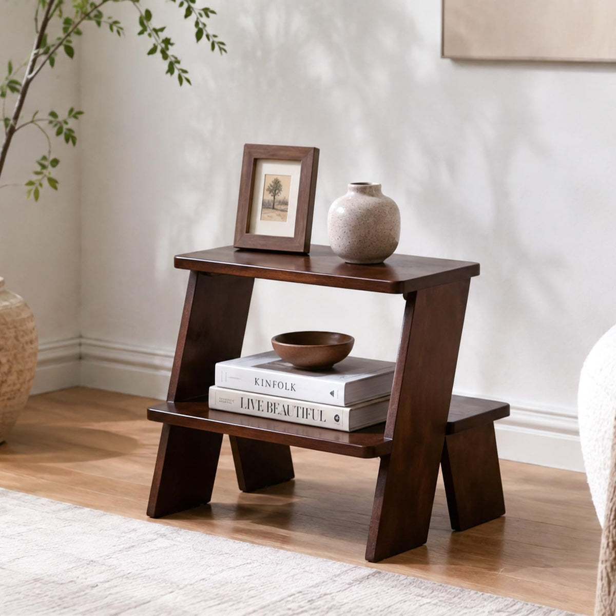 2-Tier End Table, Solid Rubber Wood Stool-Style Side Table - Image 1