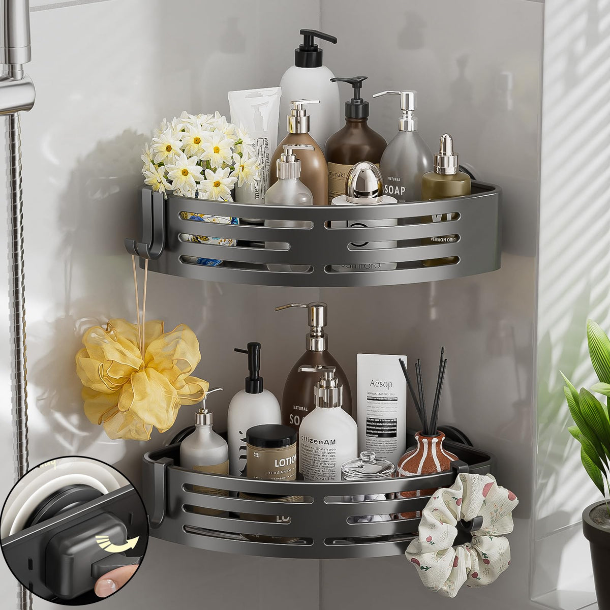 Corner Shower Caddy Suction Cup,Shower Shelves with Hooks - Image 1