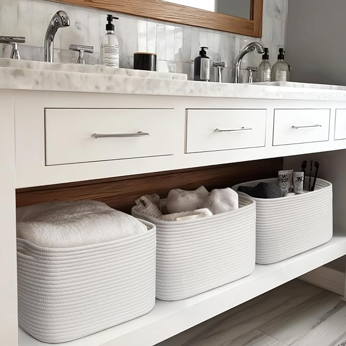 White Baskets for Organizing, 3 Pack Woven Cotton Rope Storage Baskets for Shelves, Decorative Closet Bin, Cute Fabric Storage Bins for Bathroom, Toys, Towels, Clothes, Shoes Organization