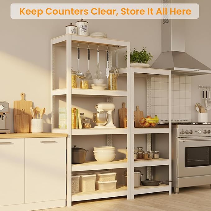 4 Tier Metal Shelves Unit, Adjustable Pantry Organizers and Storage Shelves, Shelving Unit for Closet with Clothes Rod, Storage Rack for Pantry, Laundry, Kitchen - White & Wood Color