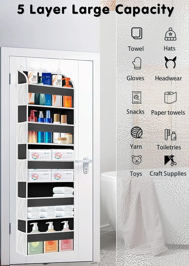 1 Pack Over The Door Organizer Storage, Hanging Organizer Closet with 5 Large Pockets 10 Mesh Pockets, 44 lbs Weight Capacity, Behind Door Storage for Nursery Bedroom Bathroom (Dark Grey)