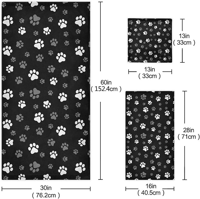 3 Piece Black White Grey Dog Paw Print Bath Towel Set,Microfiber Decorative Cute Puppy Animal Footprints Bathroom Towels,1 Bath Towel 1 Hand Towel for Bathroom Kitchen,1 Washcloth for Face
