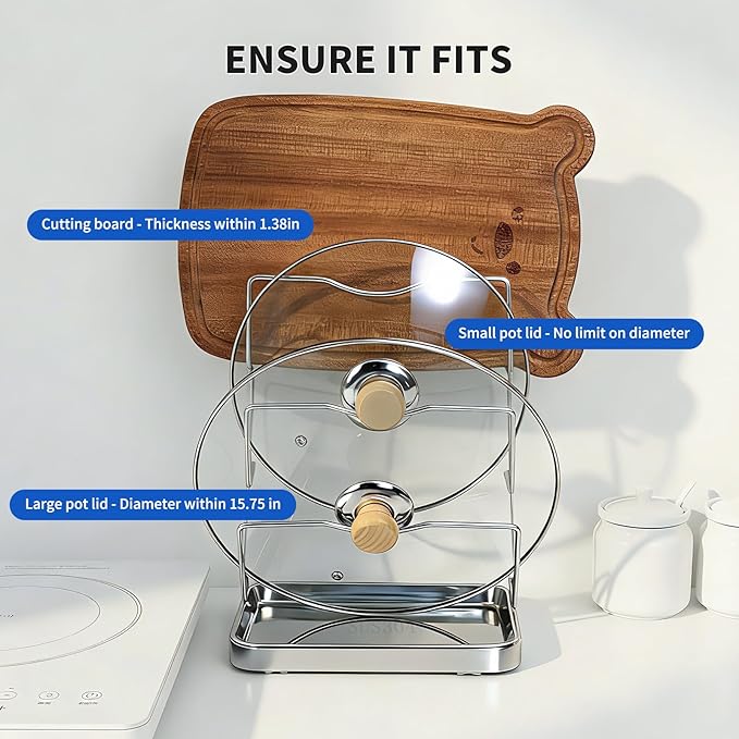 Pot Lid Holder While Cooking, 3 Tier 304 Stainless Steel Pot Lid Organizer with Drip Tray, Kitchen Storage Rack for Stove Top & Countertop, Heavy Duty Lid Holder for Pots and Pans, Silver