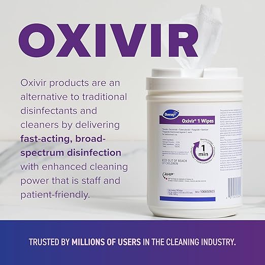 Oxivir Diversey 1 100850923 Disinfectant Cleaning Wipes, Pre-Moistened with Accelerated Hydrogen Peroxide AHP, Unscented, 160 Standard 6x7-Inch Wipes, 1-Canister (Pack of 12)