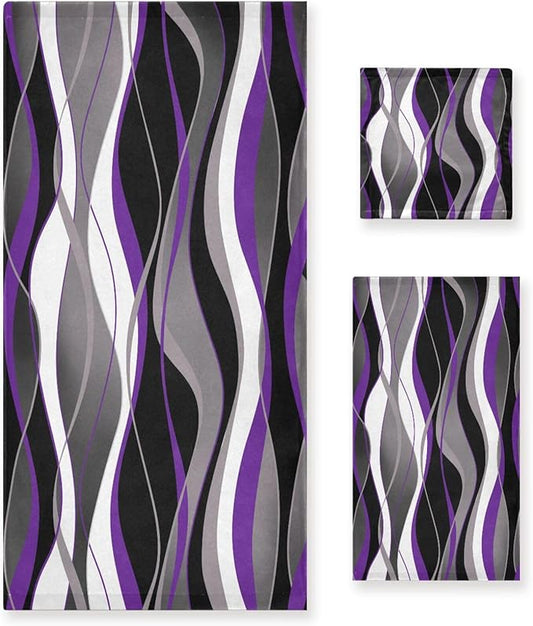 3 Piece Purple Grey Bath Towels Set,Microfiber Absorbent Black White Gray Striped Modern Abstract Towels for Bathroom,1 Bath Towel,1 Hand Towel,1 Washcloth,Purple Decorative Bathroom Towels
