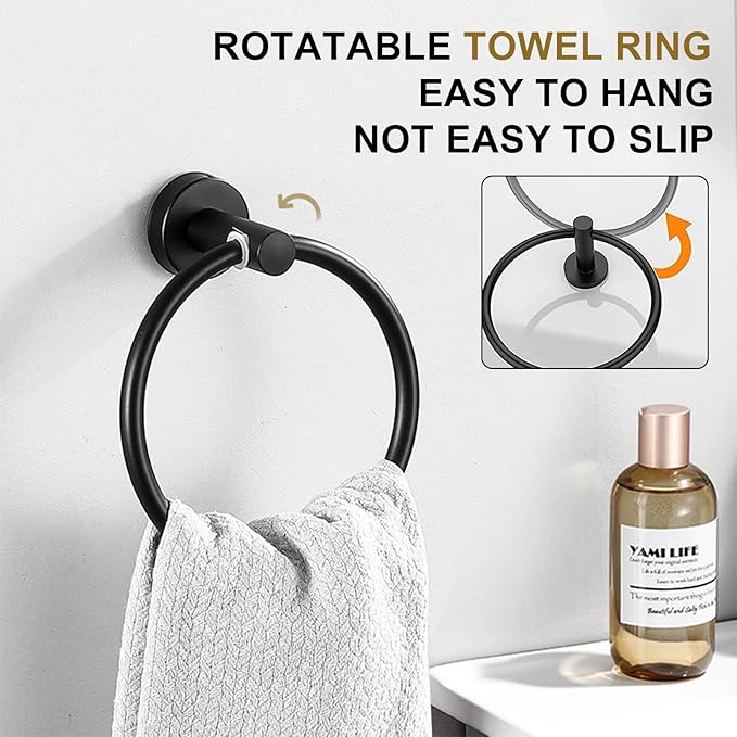12 PCS Matte Black Round Towel Bar Set, Bathroom Towel Bar Set Include 24 inch,16 inch Towel Bar, Toilet Paper Holder, Towel Ring, Towel Hooks, Stainless Steel Bathroom Accessories Set