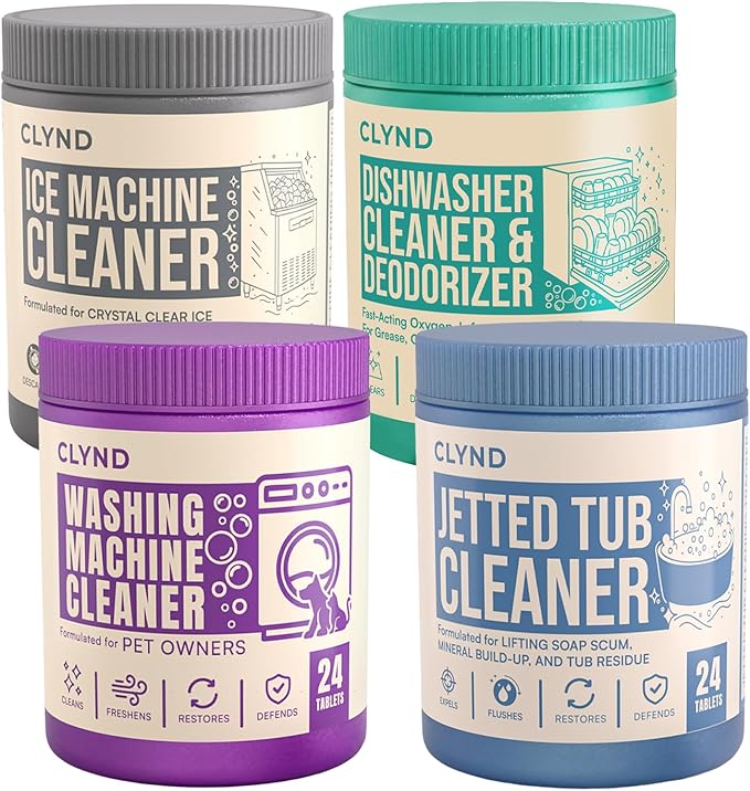 Appliance Cleaning Bundle: Laundry Washer Machine Cleaner, Hot Tub and Spa Jet Tablets, Ice Maker Descaler, and Dishwasher Cleaner and Deodorizer for Internal Maintenance