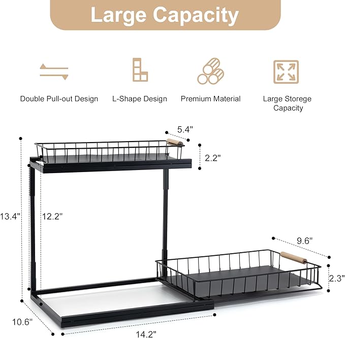 Under Sink Organizer, 2-Tier Pull-Out Cabinet Storage Shelf, Multi-Purpose Storage Racks, Metal Slide Out Drawer for Kitchen Bathroom Pantry Laundry Bedroom Closet, Black