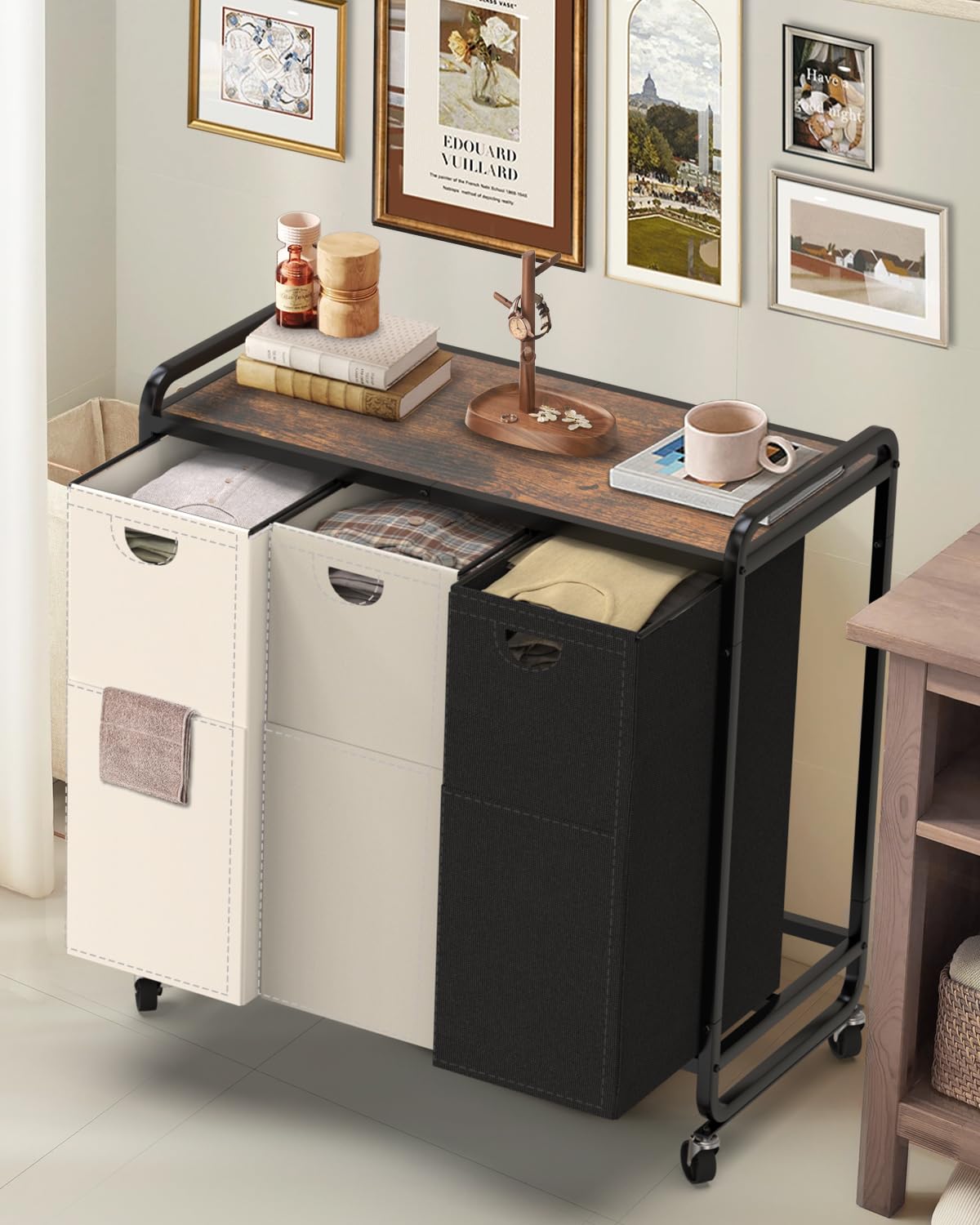Laundry Sorter 3 Section,Laundry Basket with Wheels - Image 1