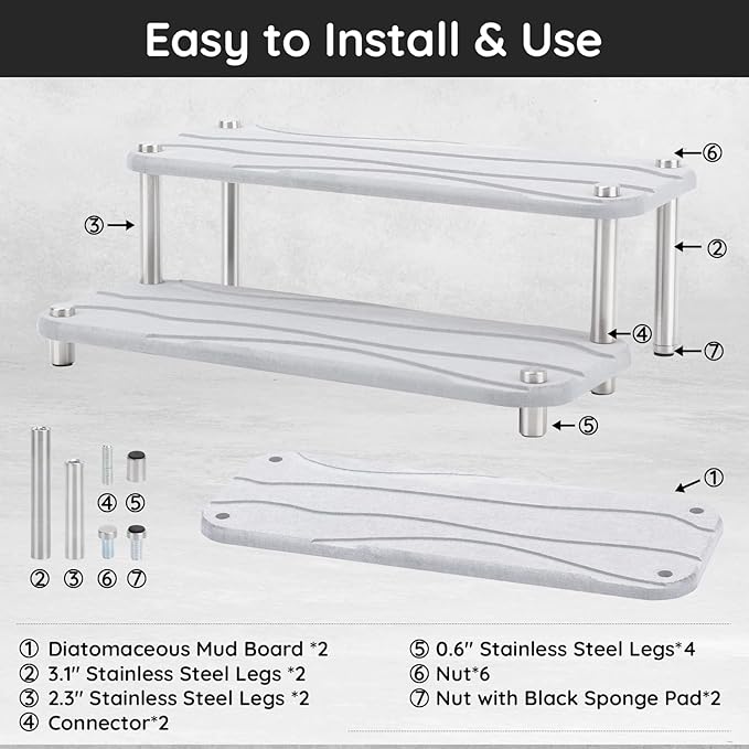 Segbeauty 2 Tier Quick Dry Diatomaceous Earth Stone Tray, 11x4.3in Water Absorbing Bathroom Tray Countertop Organizer Instant Drying Vanity Tray, Kitchen Counter Dish Soap Dispenser Rack Sponge Holder