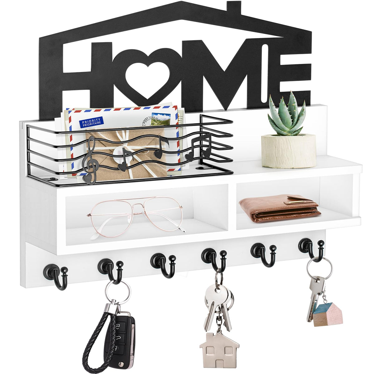 Key Holder Wall Mount, Decorative Wood Mail and Key Organizer - Image 1