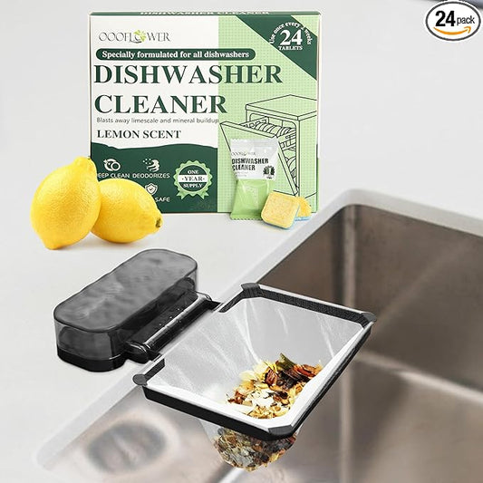 24 PCS Dishwasher Cleaner and Deodorizer Tablets, with Sink Drain Filter Basket, Deep Cleaning Formula Tablets for Removing Limescale, Odor, Smell, Hard Water Residue(Lemon-Scented)