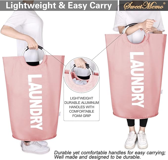 Large Laundry Basket Collapsible，Freestanding Clothes Hamper Bag with Handles – Tall Folding Dirty Laundry Bin，Sturdy Laundry Sorter for College Dorm，Laundry Room – 115L (Pink)