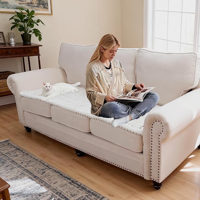 Waterproof Couch Cover for Dogs Washable,Non Slip Fuzzy Durable Couch Covers for 3 Cushion Sofa Pet Friendly Sofa Cover Dog Thick Soft Slipcovers Protector Couches Mat Bed (White, 27.6" x 82.7")
