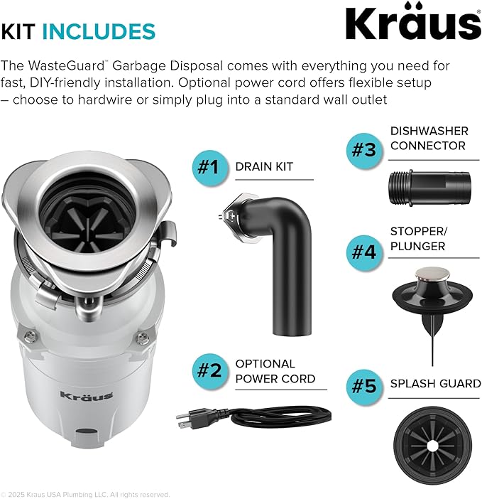 KRAUS WasteGuard 1/3 HP Continuous Feed Garbage Disposal with Ultra-Quiet Motor for Kitchen Sink with Power Cord and Flange Included, KWD201-33MCG
