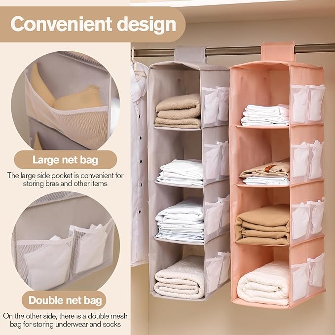 Hanging Closet Organizer, 4-Section Storage Shelves, Oxford Cloth with Mesh Pockets, (Gray, 3 Section)