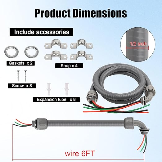 1/2Inch Outdoor Electrical Whips Kit, 6 FT Nonmetallic Liquid Tight Flexible Conduit Wire with 3 Conductors 10 Gauge THHN Electrical Wires, A/C Disconnect Box Power Whips Assembly (6FTx1/2Inch)