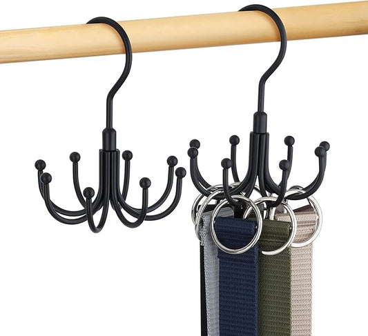 Belt Hanger, 2 Pack Rotatable Belt Organizer Rack for Closet Sturdy Max 48 Belts Storage with 16 Hooks, Hanging Space Saving Closet Organizers for Belts Holder, Black