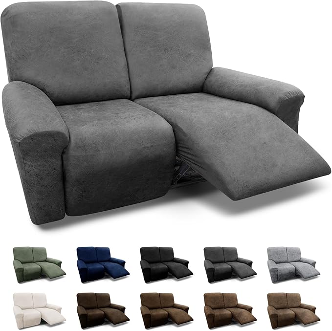 Loveseat Cover 6-Piece Recliner Slipcovers with Pockets - Spandex Furniture Covers for Reclining Loveseat (Grey)