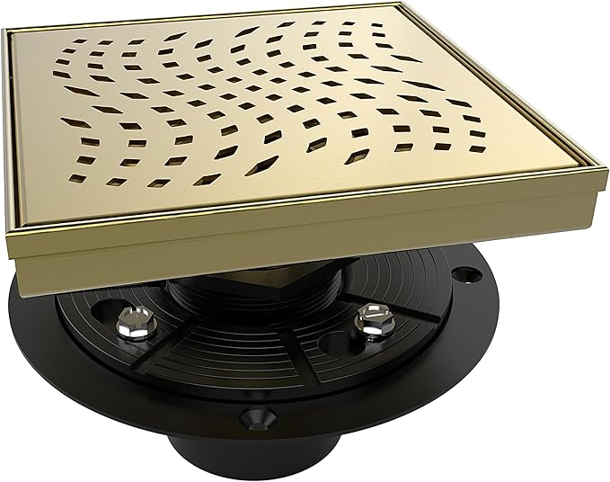WEBANG 6 Inch Square Shower Drain Gold Floor Drain with Flange Wave-Hole Pattern Cover Grate Removable SUS304 Stainless Steel Watermark&CUPC Certified Brushed Gold