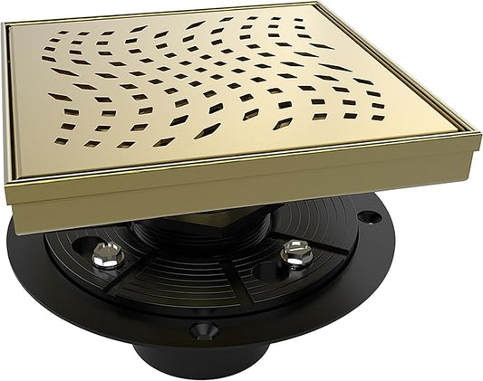 WEBANG 6 Inch Square Shower Drain Gold Floor Drain with Flange Wave-Hole Pattern Cover Grate Removable SUS304 Stainless Steel Watermark&CUPC Certified Brushed Gold