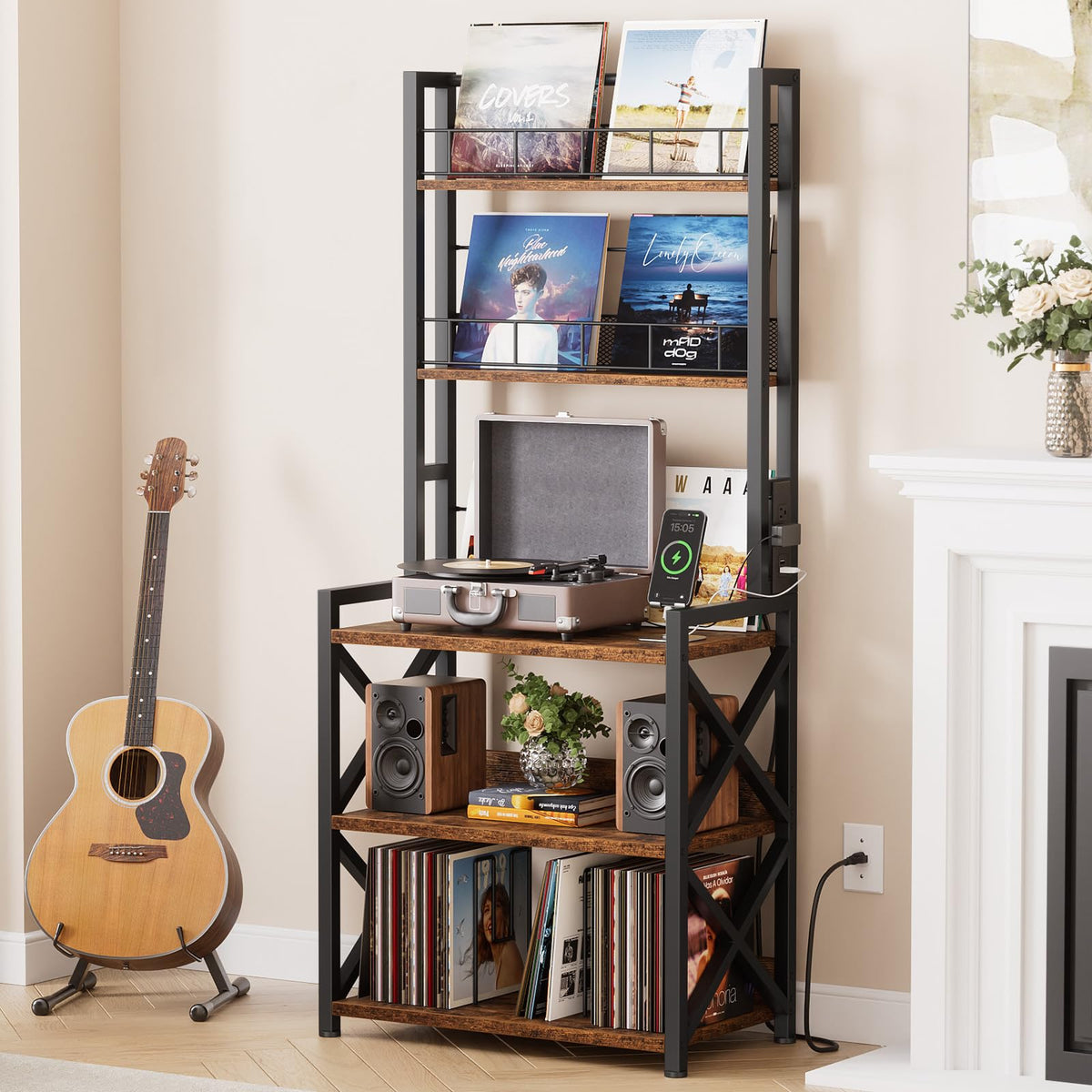 Record Player Stand with Power Outlet - Turntable Display Shelf - Image 1