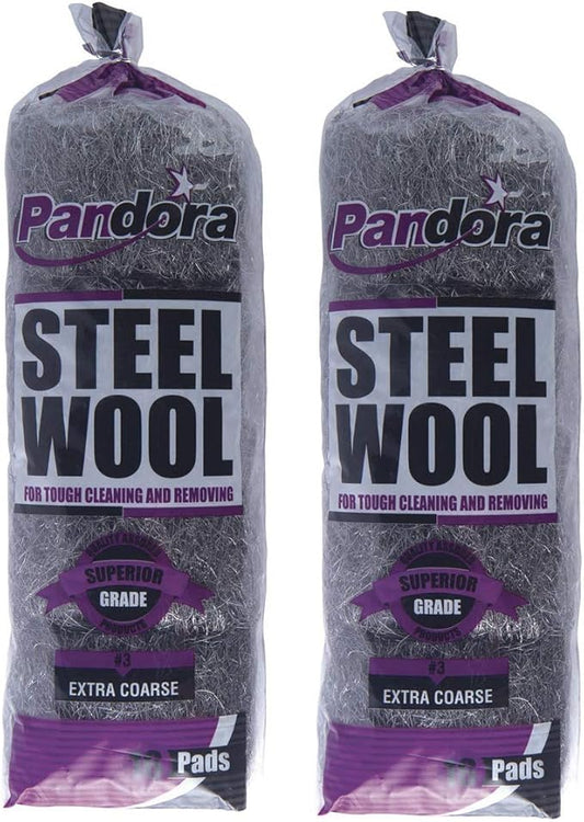 Pandora Steel Wool #3 – Extra Coarse Grade, 32 Pads for Tough Cleaning and Removing - Metal Strands - Ideal to Remove Rust, Grime, and Stubborn Stains