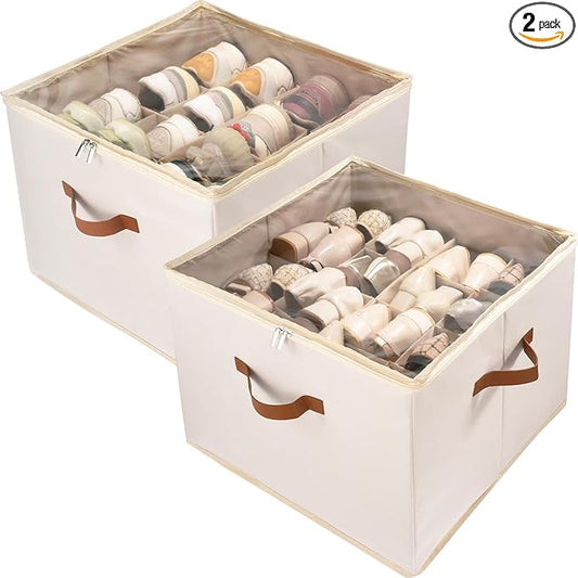 Shoe Organizer Box 2 Pack, Shoe Storage Organizer with Clear Cover, Adjustable Dividers Fits 16-32 Pairs, Fabric Shoe Organizer for Closet, Beige