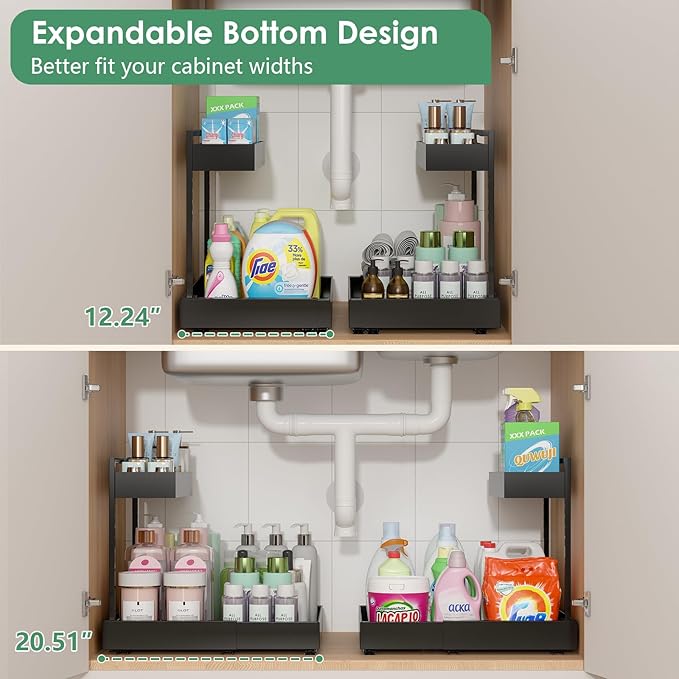 Expandable Under Sink Organizer, 2-Tier Under Cabinet Organizer, Height Adjustable Pull Out Rack for Kitchen Bathroom Laundry, Black, 2 Pack