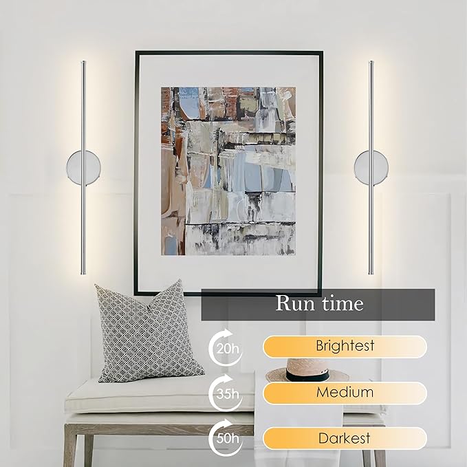 Battery Operated Wall Sconces with Remote Control, Dimmable Wall Sconces Set of Two, 350°Rotate, 3000K LED Chrome Wireless Wall Light for Living Room, Bedroom, Hallway, 28.3 Inch (2 Pack)