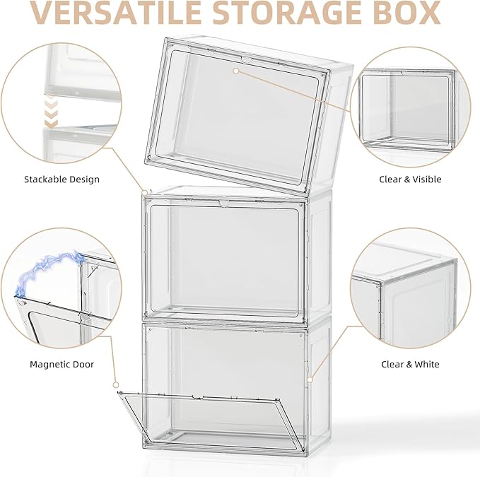 5 Pack Stackable Storage Bins with Lids, White Plastic Storage Container with Clear Lids, Clear Display Case with Magnetic Door for Purse, Handbag, Figure, Collectibles, Doll, Bag, 14.2"x8.66x10.6"