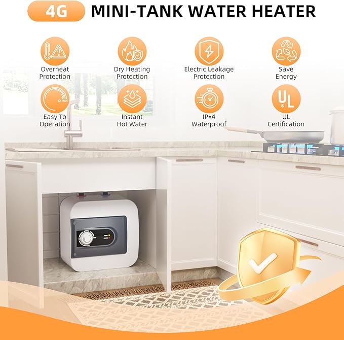 Electric Mini Tank Water Heater, 4Gallon Under Sink On Demand Hot Water Heater, Wall or Floor Mounted, 1500W Point of Use Instant Hot Water for RV Kitchen Bathroom Restaurant