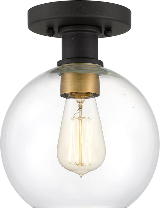 Dan Modern Farmhouse 1-Light Flush Mount Ceiling Light Clear Glass Globe Black Gold Finish for Hallway, Entryway, Passway, Bedroom, Garage, Kitchen, Balcony